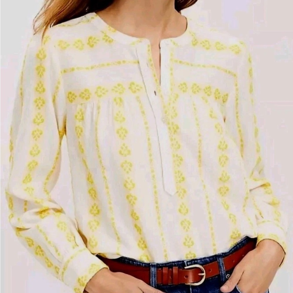 LOFT Embroidered Henley Top Blouse Shirt Yellow Stripe XS Popover Casual Cotton